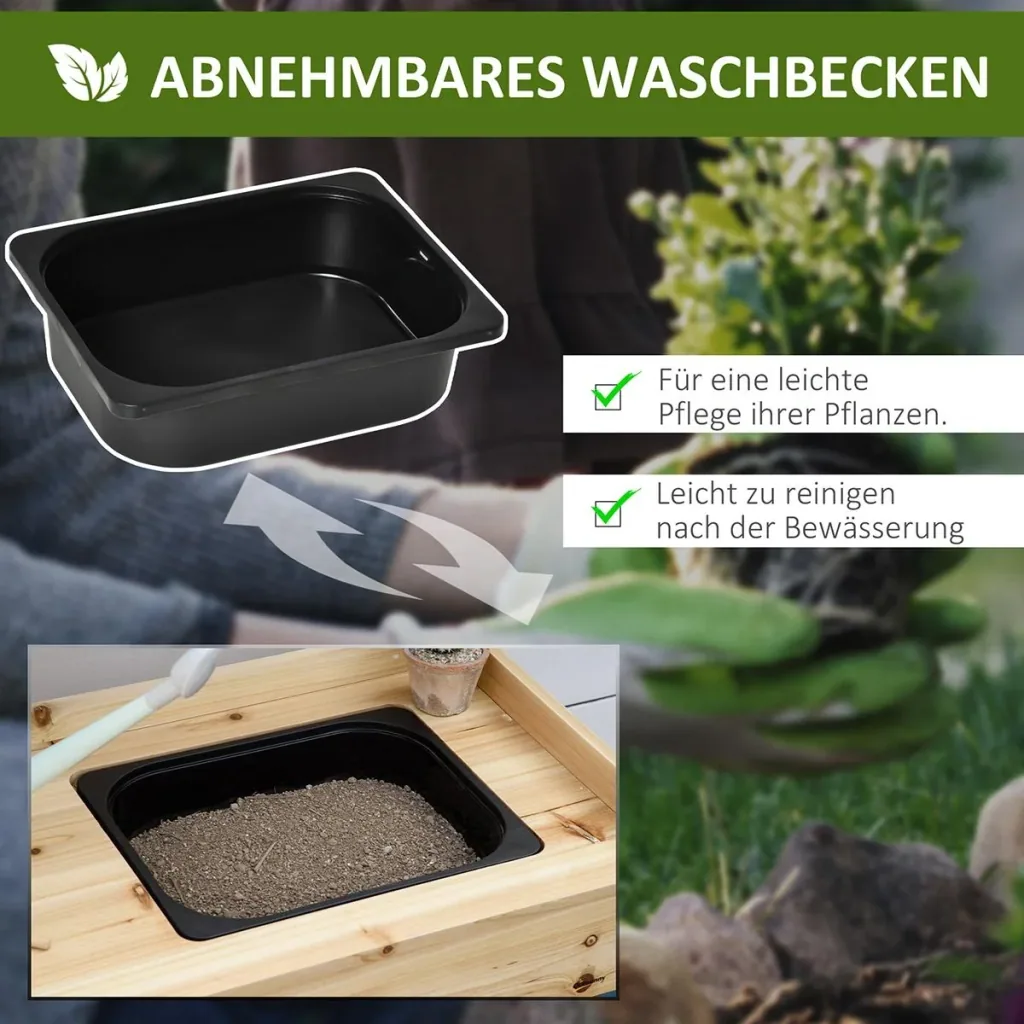 Pflanztisch Gärtnertisch mit waschbecken Blumentisch aus Holz mit Schublade Haken Korb Ablage Garten Terrasse Natur 107,