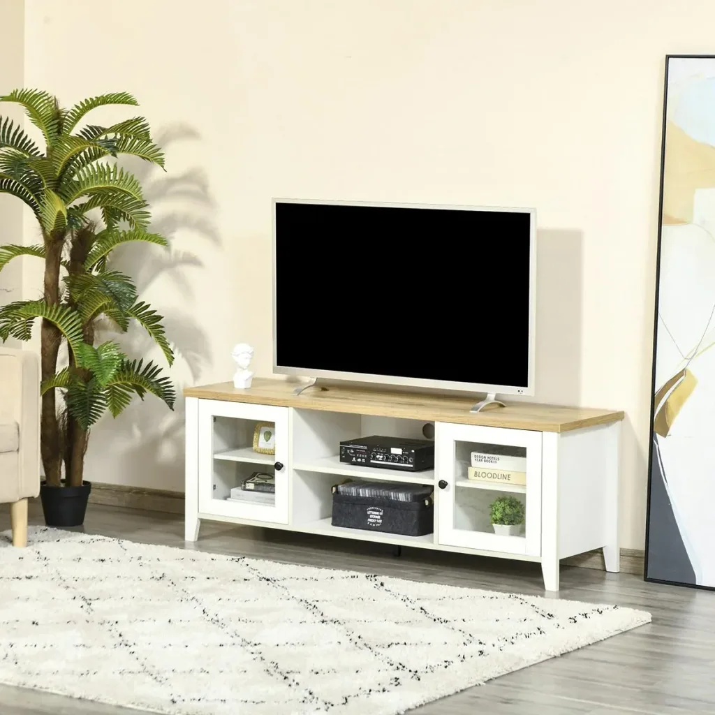 TV-Lowboard Fernsehtisch Fernsehschrank für Fernseher bis zu 60 Zoll mit 2 Glas Türen Regal verstellbar Weiß+Eiche 140 x