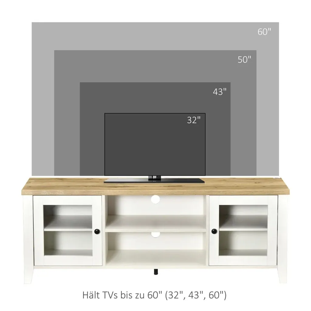 TV-Lowboard Fernsehtisch Fernsehschrank für Fernseher bis zu 60 Zoll mit 2 Glas Türen Regal verstellbar Weiß+Eiche 140 x