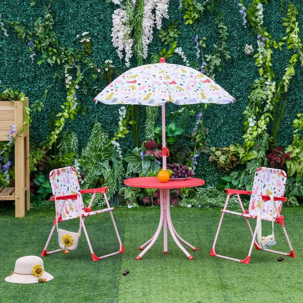 4tlg. Kindersitzgruppe Gartentisch 2 Klappstühle Sonnenschirm Camping Kindersitzgarnitur Gartenmöbel für 3-5 Jahre Rot