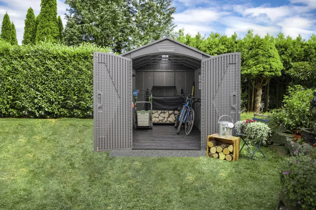 Lifetime Gerätehaus Terra 213×356×228 cm Grau – durchgehendes Dachfenster, abschließbar