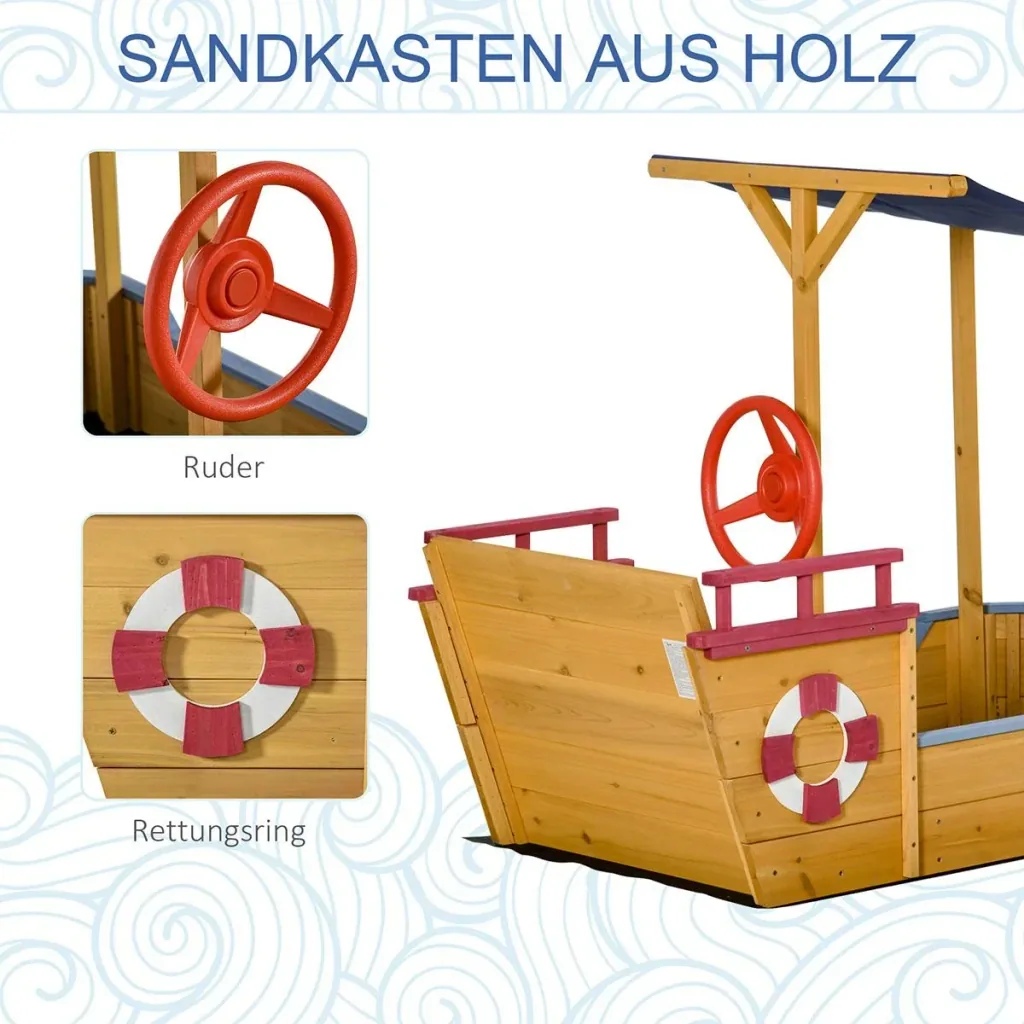 Sandkasten Schiff Design Matschekiste aus Holz für Kinder 3-8 Jahre Sandkiste Orange 160 x 70 x 103 cm
