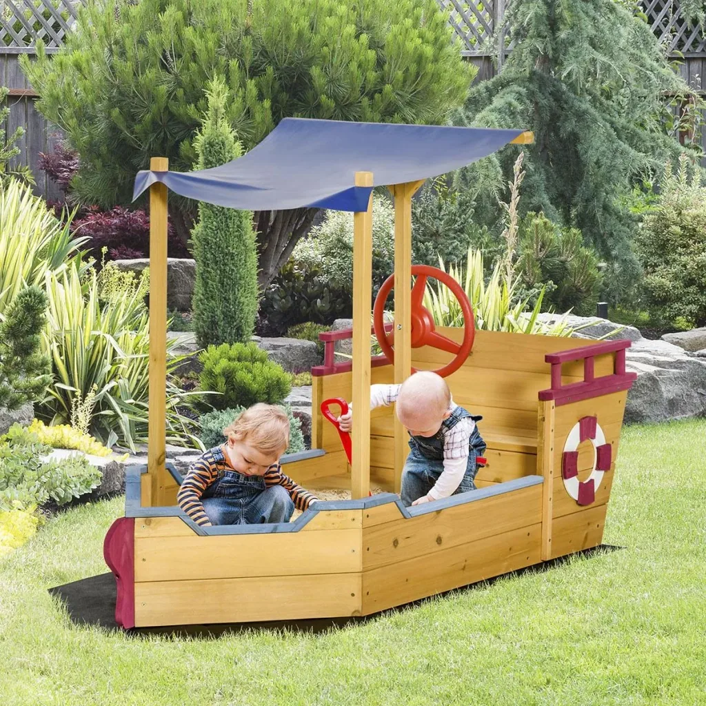 Sandkasten Schiff Design Matschekiste aus Holz für Kinder 3-8 Jahre Sandkiste Orange 160 x 70 x 103 cm