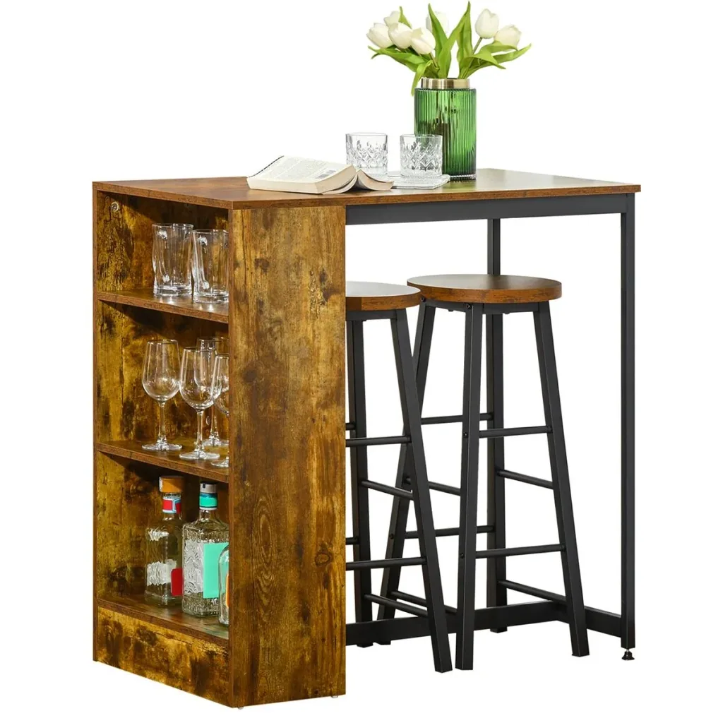 Bartisch-Set Stehtisch mit 2 Barhockern 3-teiliges Tischset Küchentresen mit 3-stufiges Seitenregal Industrie Design Sp