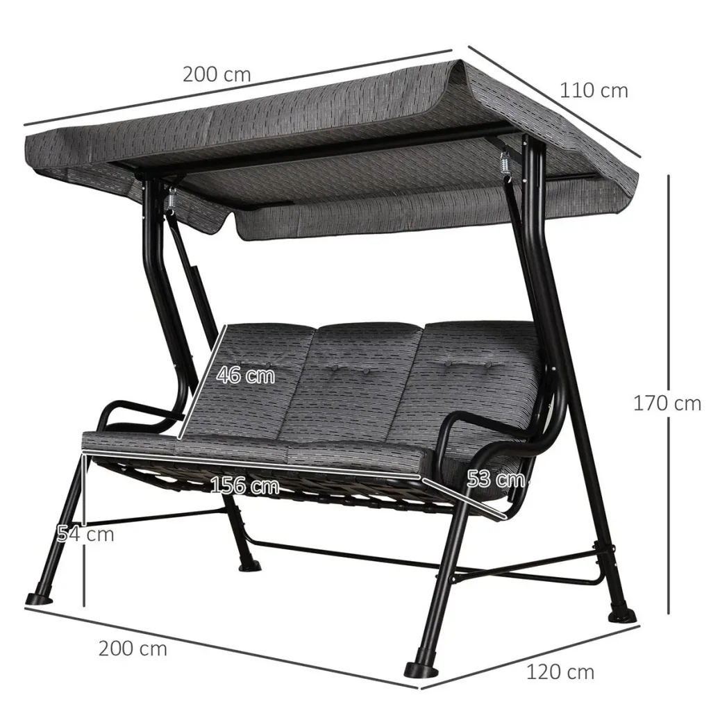 Hollywoodschaukel, 3-Sitzer Gartenschaukel, Verstellbares Sonnendach, Texteline Grau 200 x 120 x 170 cm
