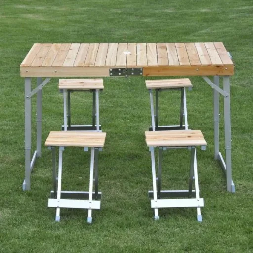 Holz 5tlg Campingtisch Set Picknick Koffertisch Alu