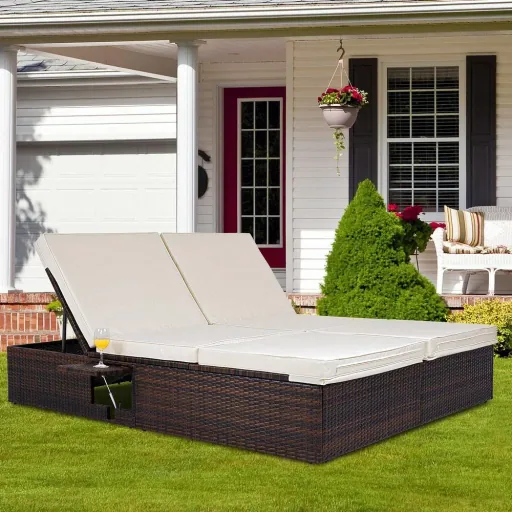 2-Personen-Liege XL Polyrotan braun - creme 193 x 160 x 33cm
