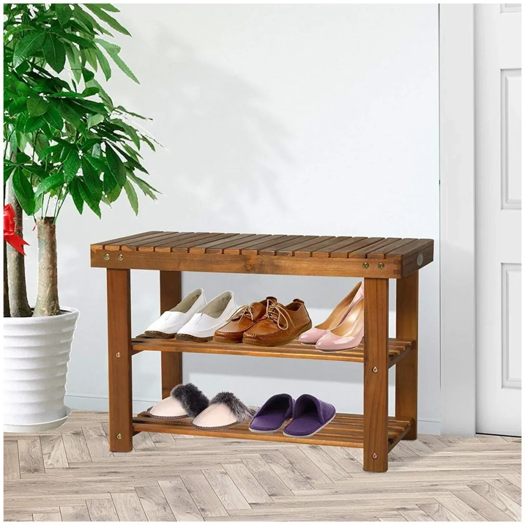 Schuhschrank mit Sitzbank 3 Ablagen Flur Schulregal Akazienholz Teak
