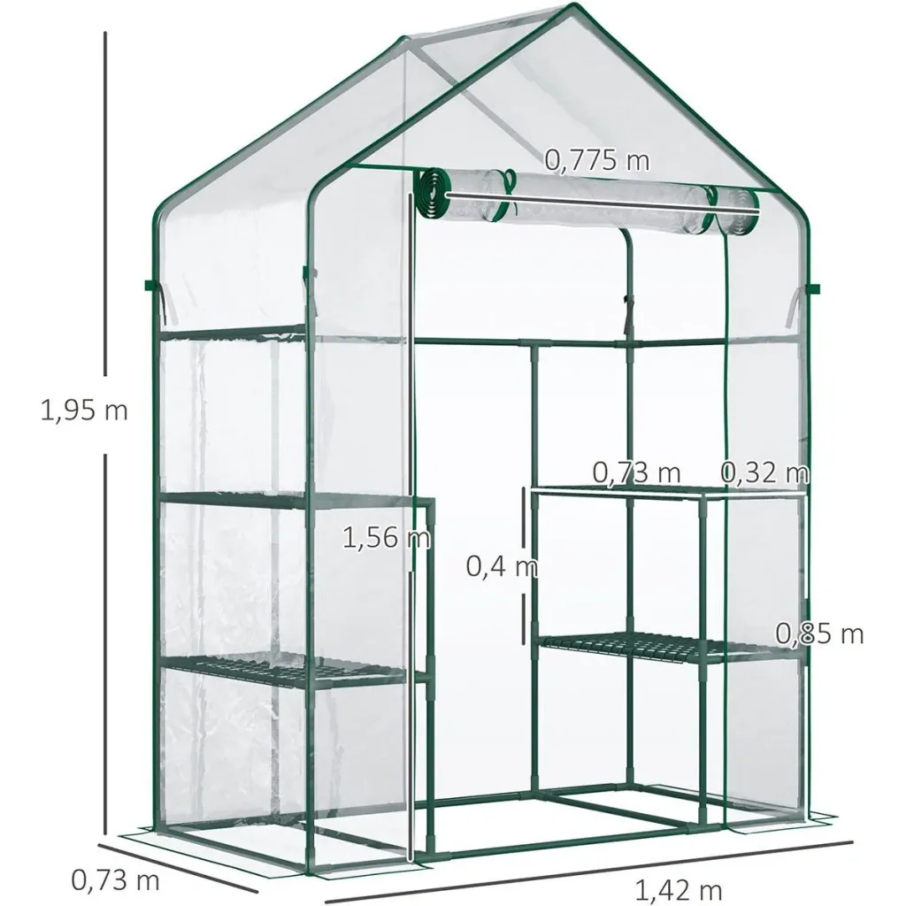 Foliengewächshaus begehbares Gartenhäuschen Tomatengewächshaus Treibhaus Frühbeet mit 6 Regalen Transparent Stahl PVC-Ku