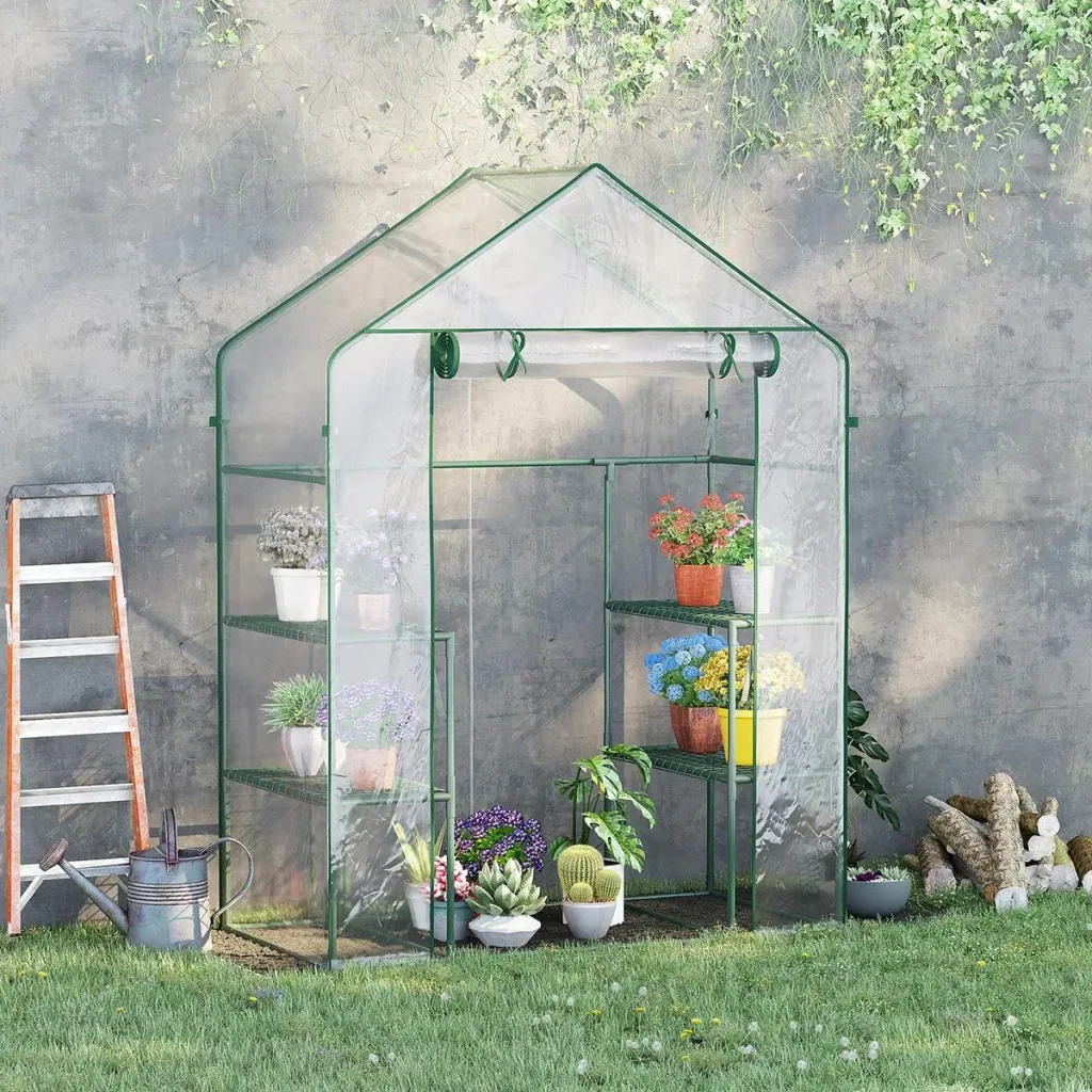 Foliengewächshaus begehbares Gartenhäuschen Tomatengewächshaus Treibhaus Frühbeet mit 6 Regalen Transparent Stahl PVC-Ku