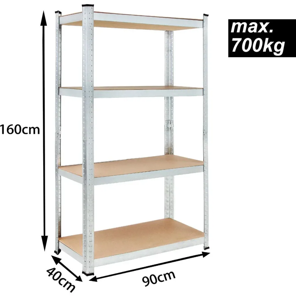 Metallregal mit 4 Fachböden - 700kg Kapazität - (HxBxT) 160x90x40 cm - 175kg pro Fachboden - 2 STUKS