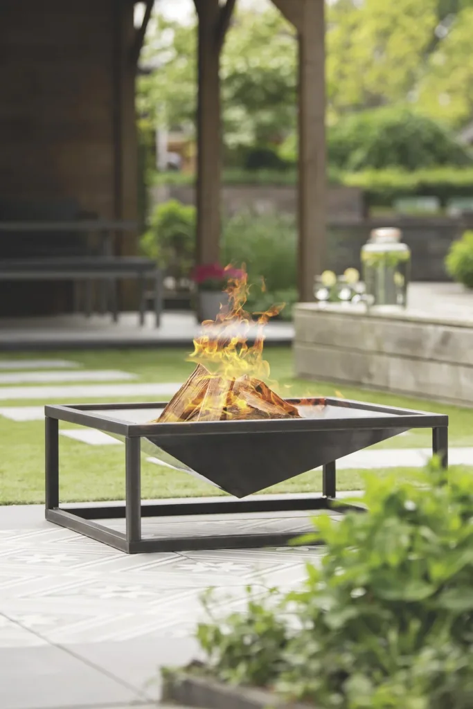 Kamin Thor handgefertigter Metall-Kamin in poliertem rostfarbenem Stahl Größe 110 cm