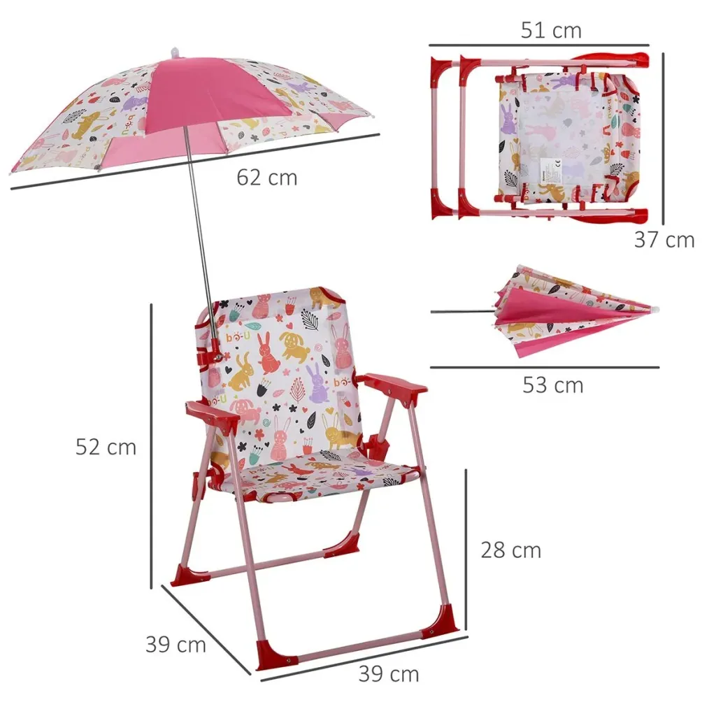 Kinder-Campingstuhl mit Sonnenschirm Klappstuhl für 1-3 Jahre leichte Gewicht Metall Rot 39 x 39 x 52cm