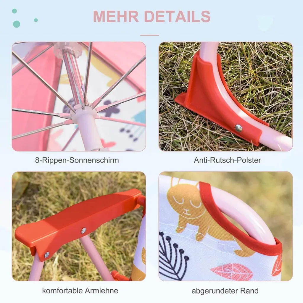 Kinder-Campingstuhl mit Sonnenschirm Klappstuhl für 1-3 Jahre leichte Gewicht Metall Rot 39 x 39 x 52cm