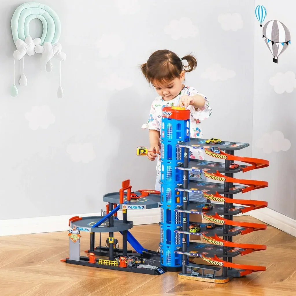 Rennbahn Kinder Autorennbahn Parkgarage für Kinder von 3 bis 6 Jahren Spielzeugautos Komplett mit Hubschrauber PP-Kunsts