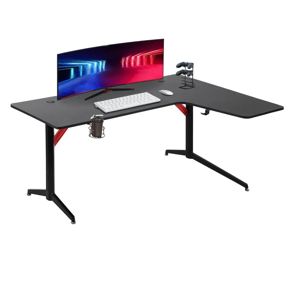 Gaming Tisch PC Tisch Schreibtisch mit Kopfhörerhaken Getränkehalterung Computertisch Metall MDF Schwarz+Rot 157 x 111,8