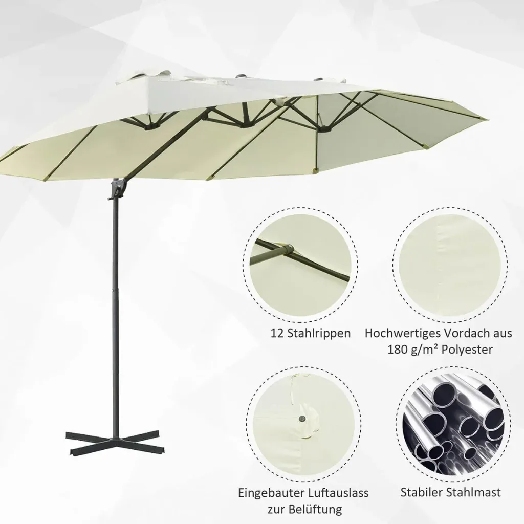 Sonnenschirm Ampelschirm Doppelschirm mit Kurbel Verstellbarer Gartenschirm Sonnenschutz Metall Cremeweiß 440 x 270 x 25