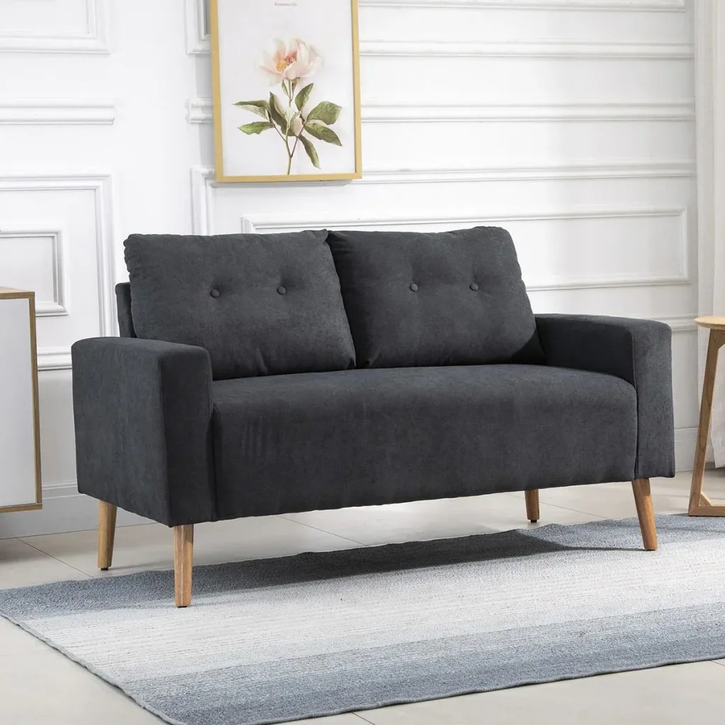 Sofa, 2-Sitzer, skandinavisches Design, hoher Komfort Relaxsessel mit Armlehne, Gummiholzbeine, Dunkelgrau, 145x76x88 cm