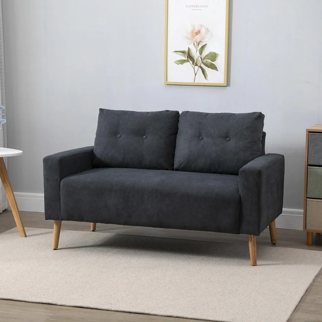 Sofa, 2-Sitzer, skandinavisches Design, hoher Komfort Relaxsessel mit Armlehne, Gummiholzbeine, Dunkelgrau, 145x76x88 cm