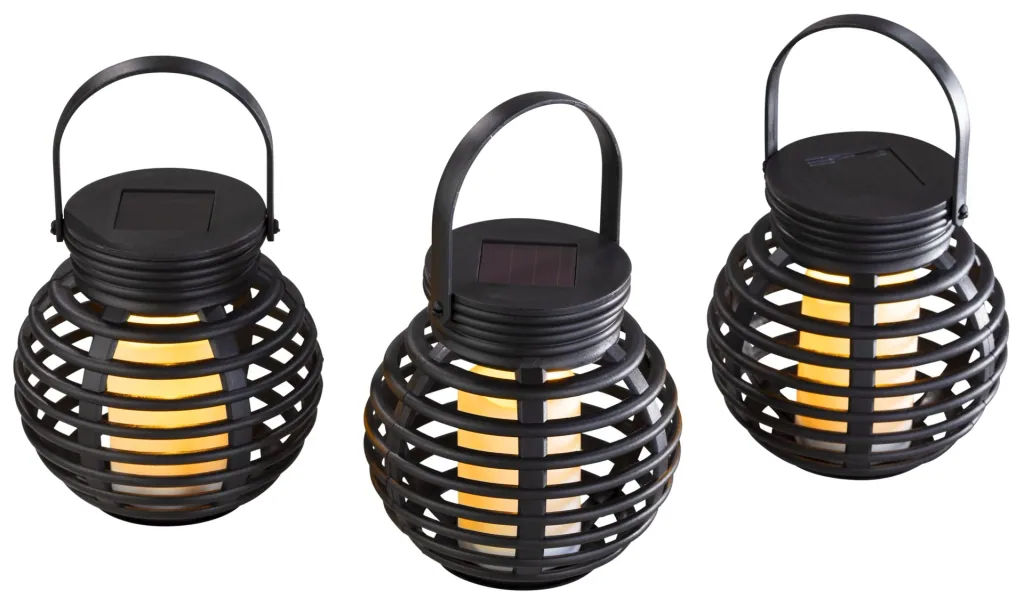Solar Rattan Lampions mit Flackerlicht, 3er-Set