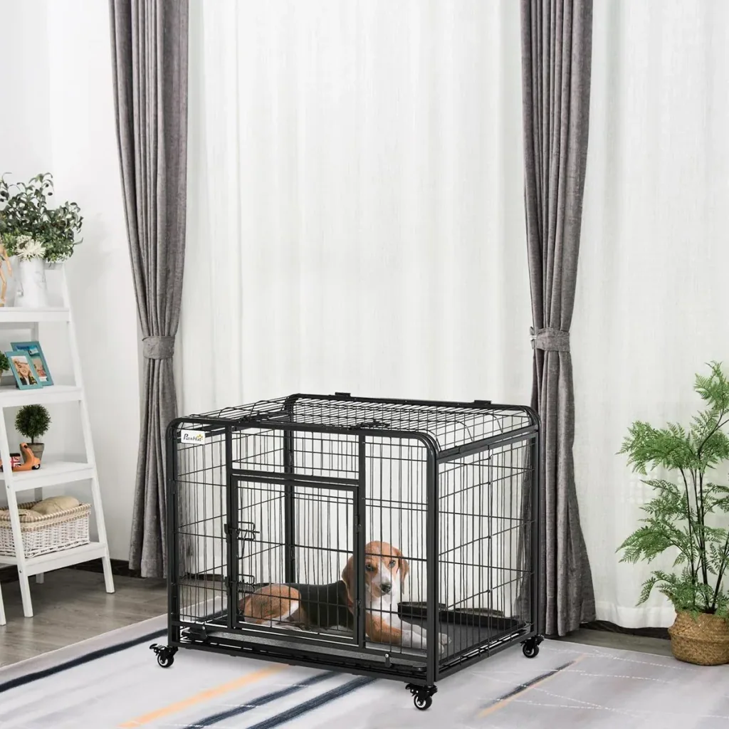 Hundekäfig faltbarer Transportkäfig mit Rädern 2 abschließbare Türen und abnehmbares Tablett Metall Grau+Schwarz 94 x 58