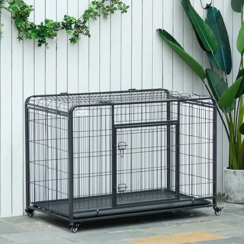 Hundekäfig faltbarer Transportkäfig mit Rädern 2 abschließbare Türen und abnehmbares Tablett Metall Grau+Schwarz 94 x 58