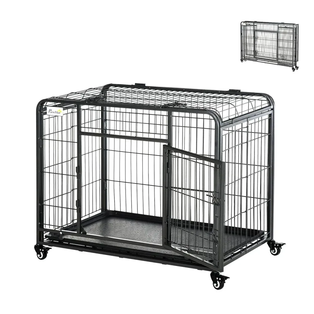 Hundekäfig faltbarer Transportkäfig mit Rädern 2 abschließbare Türen und abnehmbares Tablett Metall Grau+Schwarz 94 x 58