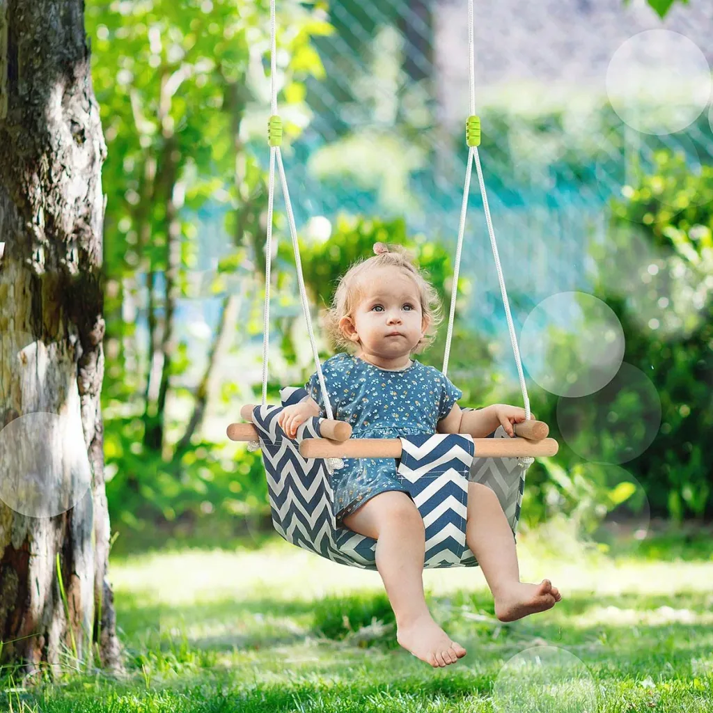 Kinderschaukel mit Sicherheitsgurt Kissen Babysitz Baumwolle Pappelholz Blau+Weiß 40 x 40B x 180H cm