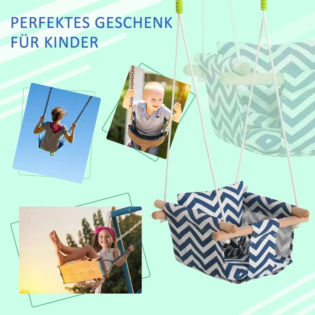 Kinderschaukel mit Sicherheitsgurt Kissen Babysitz Baumwolle Pappelholz Blau+Weiß 40 x 40B x 180H cm