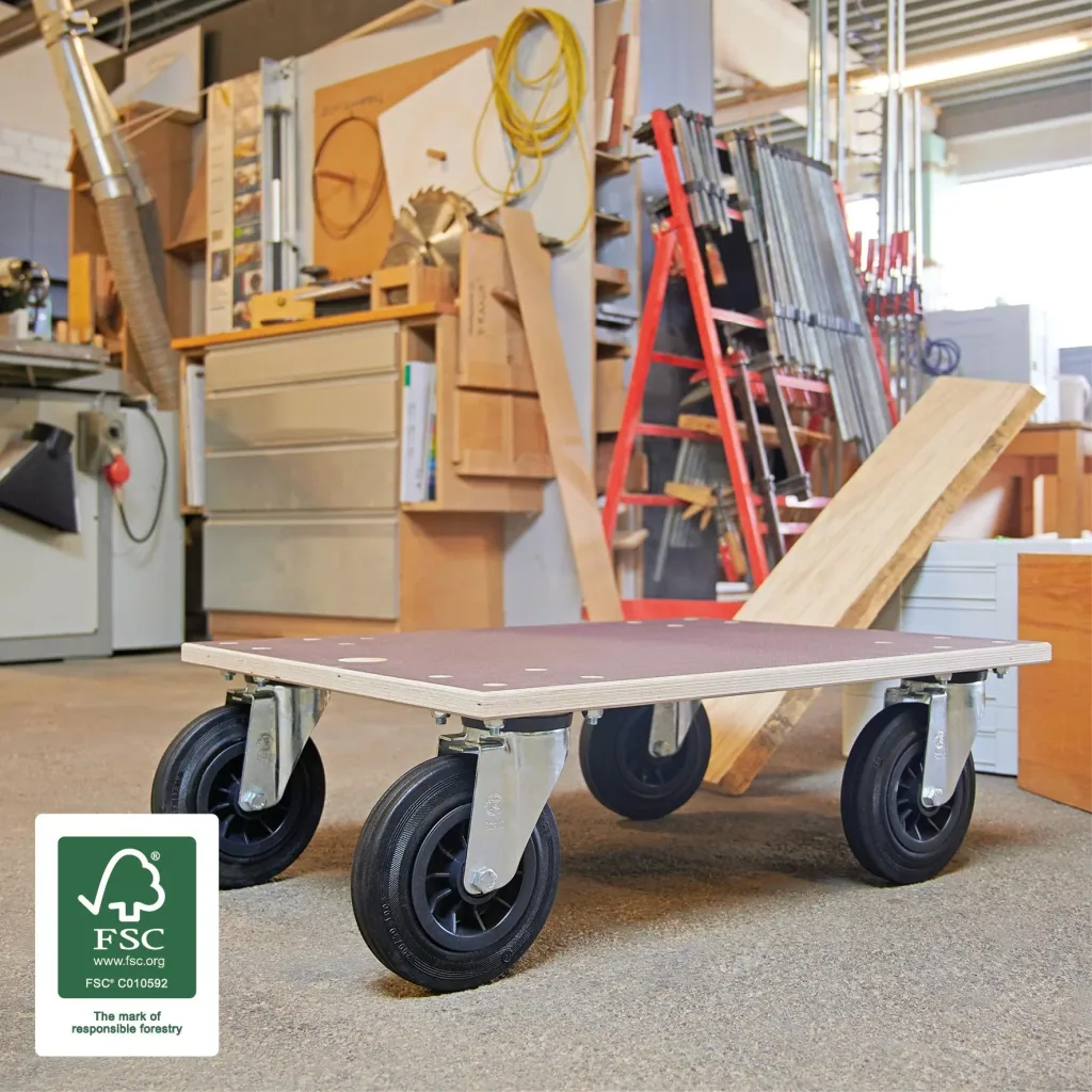 Transporthilfe MM 1148, 78 x 59 x 26 cm, harte Rollen Ø 200 mm, Rollenlager, Multiplex Platte FSC®, Tragkraft 750 kg