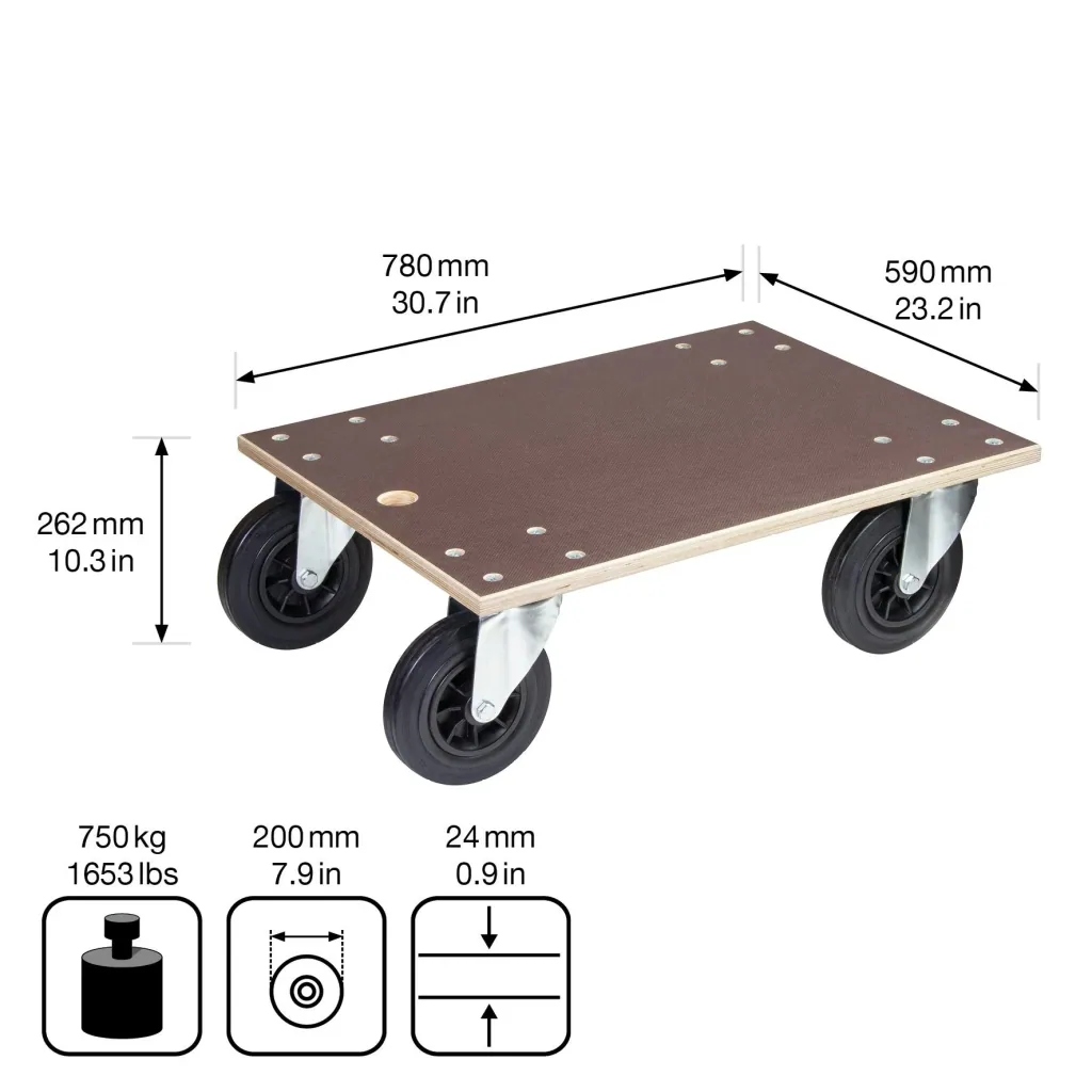 Transporthilfe MM 1148, 78 x 59 x 26 cm, harte Rollen Ø 200 mm, Rollenlager, Multiplex Platte FSC®, Tragkraft 750 kg