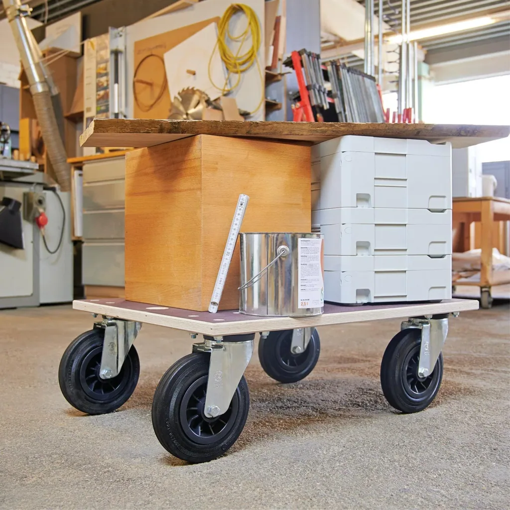 Transporthilfe MM 1148, 78 x 59 x 26 cm, harte Rollen Ø 200 mm, Rollenlager, Multiplex Platte FSC®, Tragkraft 750 kg