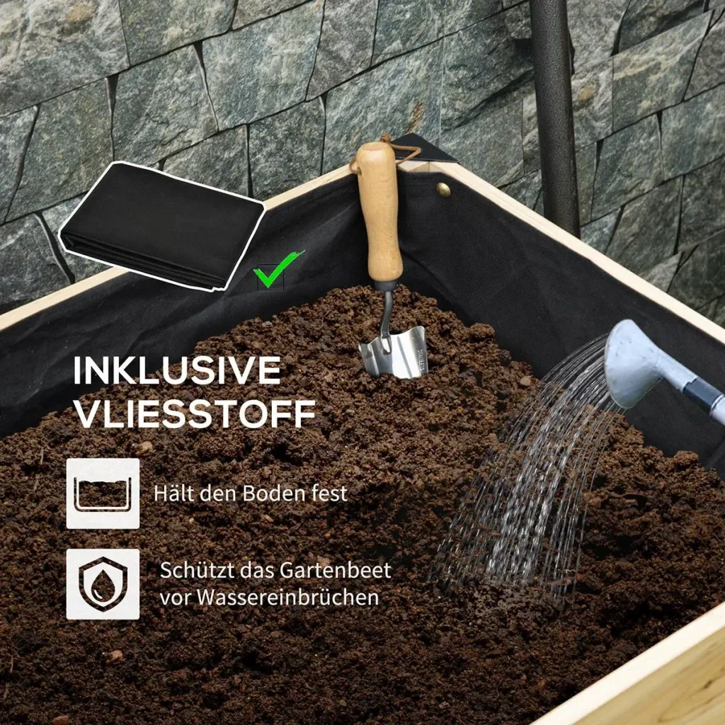 Hochbeet Pflanzkasten Blumenkasten Blumentopf Kräuterbeet mit Vliesstoff Massivholz Stahl Natur+Schwarz 80 x 60 x 74 cm