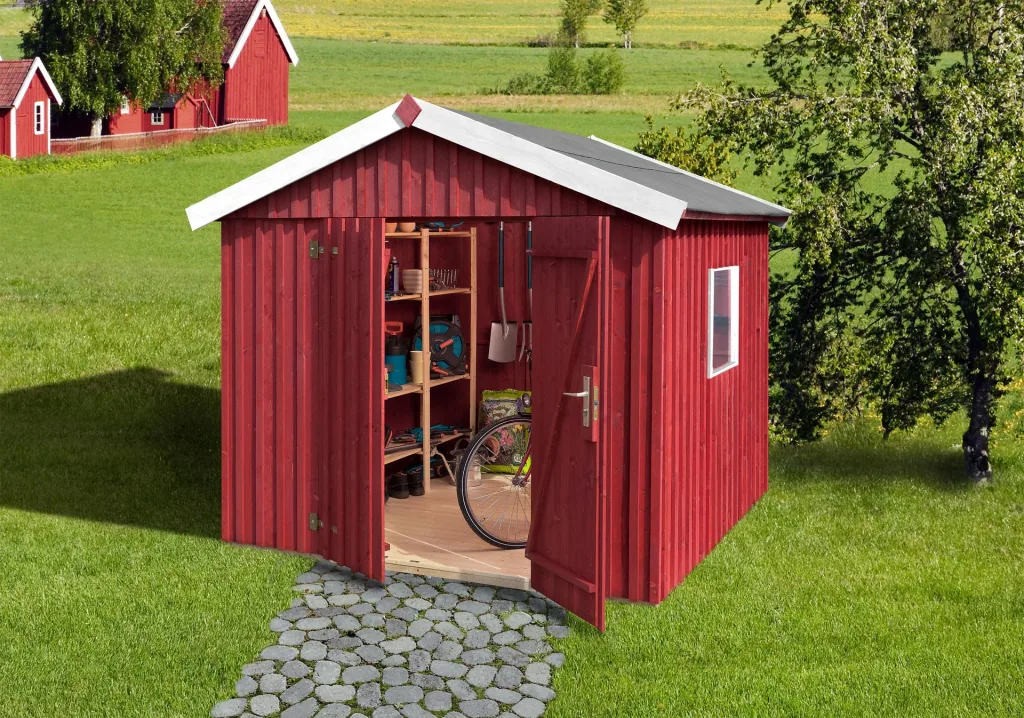 Schwedenhaus Gr.3, L x B x H 277 x 286 x 230 cm, sägerauh, schwedenrot, breite Doppeltür und Fenster