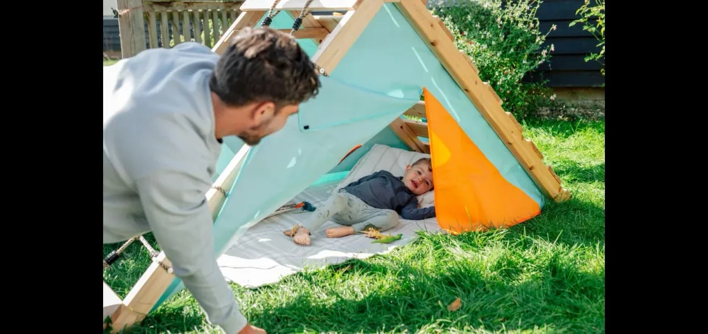 My First Wooden Playcentre, Outdoor-Playcentre für Kinder aus Holz, Kletterwand, Kletternetz, Rutsche, natur