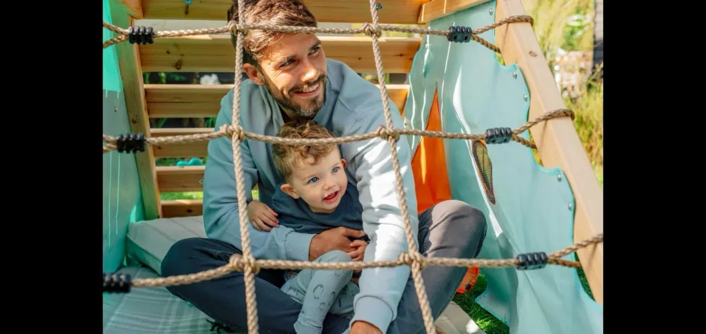 My First Wooden Playcentre, Outdoor-Playcentre für Kinder aus Holz, Kletterwand, Kletternetz, Rutsche, natur