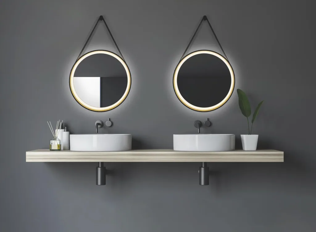 Dekorativer runder Wandspiegel mit LED Beleuchtung in schwarz/gold matt Ø 55 cm