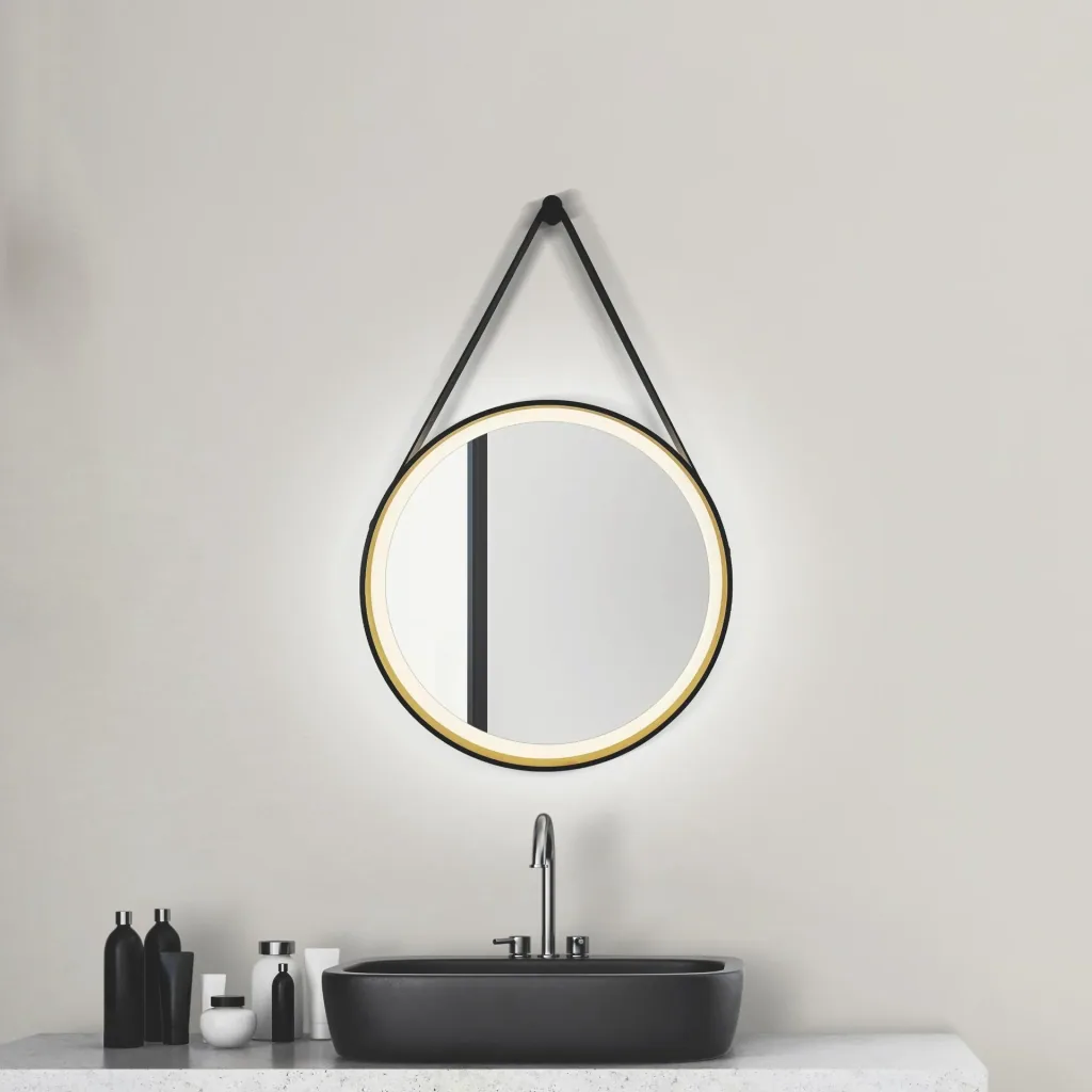 Dekorativer runder Wandspiegel mit LED Beleuchtung in schwarz/gold matt Ø 55 cm