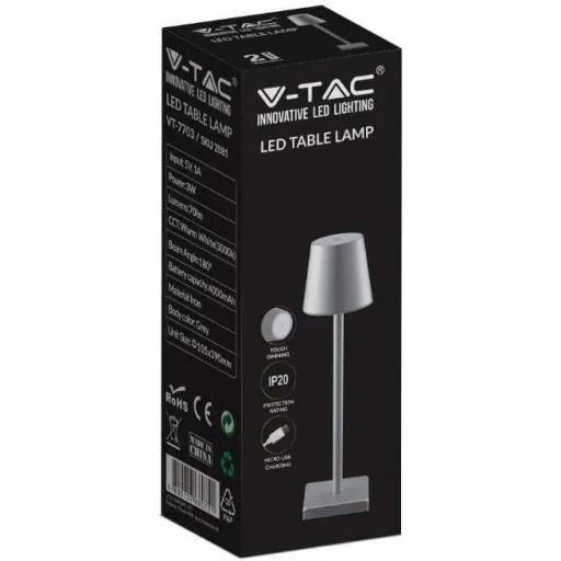 VT-7703 Tischleuchte - 3000K - Dimmbar über Touch - Wiederaufladbar - Grau