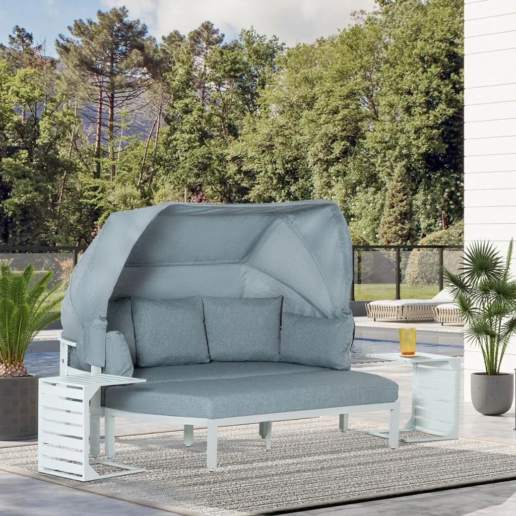 4-tlg. Gartenmöbelset inkl. Sofa mit Dach, Beistelltisch und Bank Aluminium grau/weiß