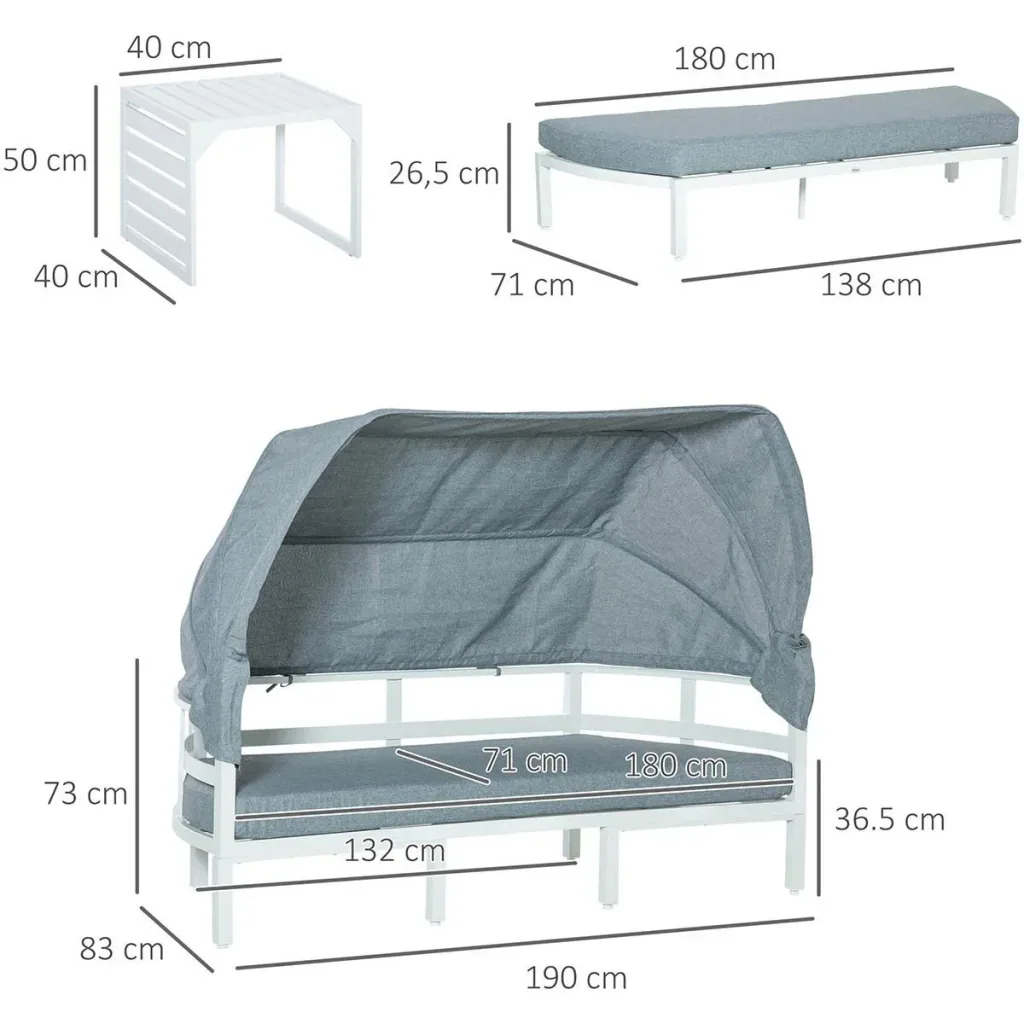 4-tlg. Gartenmöbelset inkl. Sofa mit Dach, Beistelltisch und Bank Aluminium grau/weiß