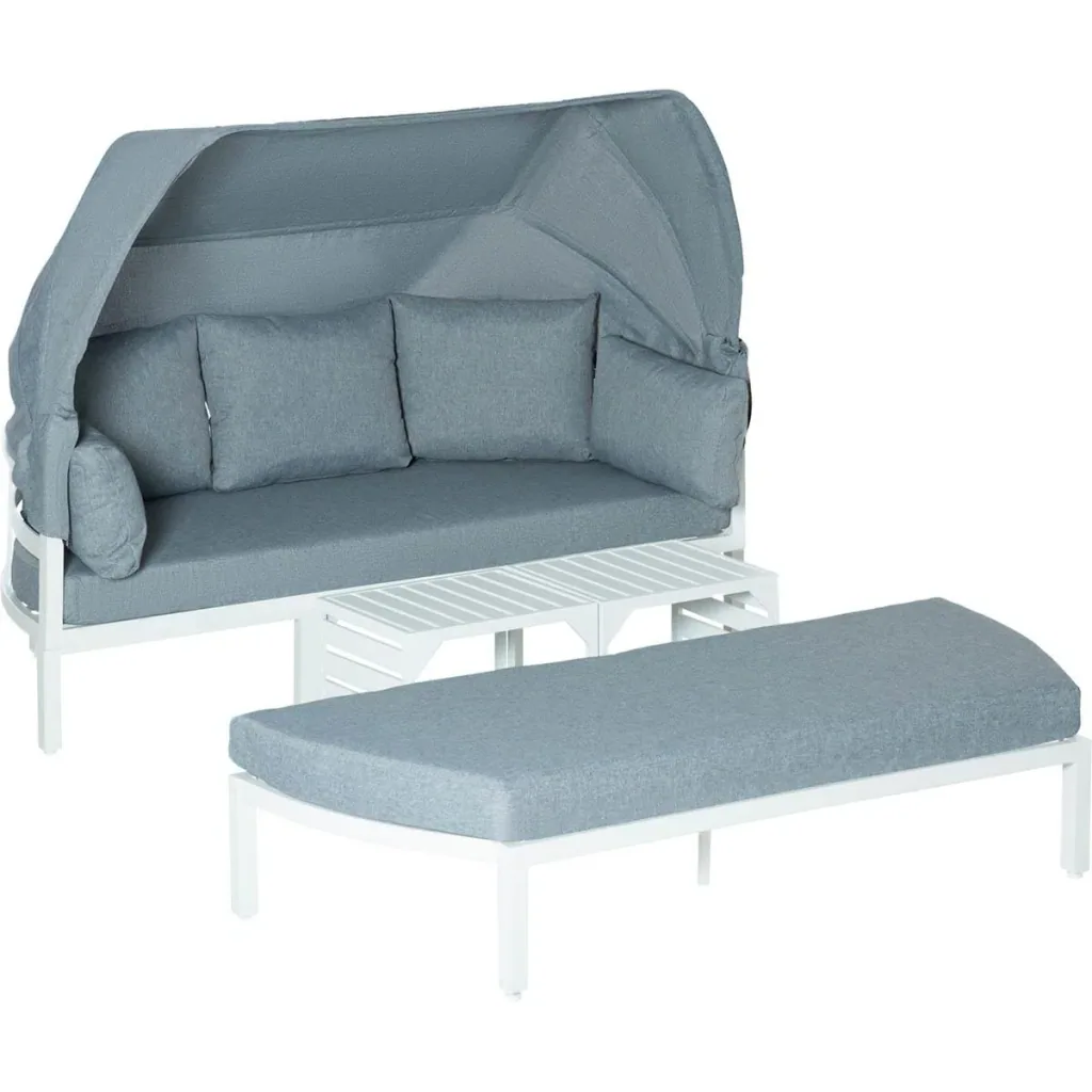 4-tlg. Gartenmöbelset inkl. Sofa mit Dach, Beistelltisch und Bank Aluminium grau/weiß