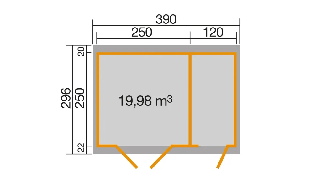 Gartenhaus 254 Gr.2, 394 x 296 x 222 cm Wandstärke 28 mm, Doppeltür, mit 2. Raum Einzeltür