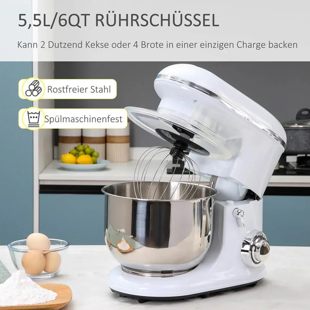 elektrisches Handmixer-Set 2-in-1 Handrührer mit Tischständer 5,5 L-Rührschüssel 1200 W 6 Geschwindigkeiten + Impuls-Mod
