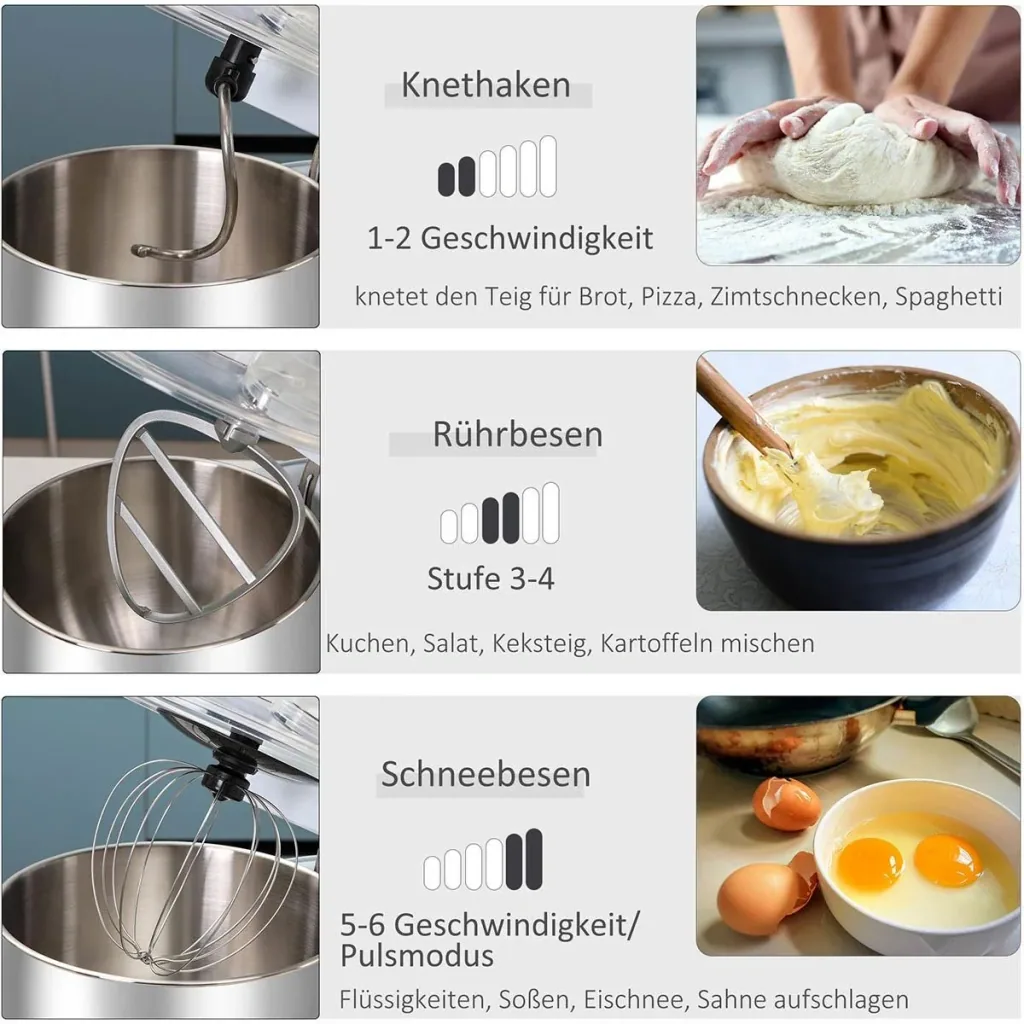 elektrisches Handmixer-Set 2-in-1 Handrührer mit Tischständer 5,5 L-Rührschüssel 1200 W 6 Geschwindigkeiten + Impuls-Mod