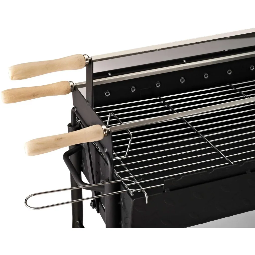 Holzkohle Grillwagen Standgrill BBQ Grill Zypern mit Drehspieß höhenverstellbar Grillrost Edelstahl Schwarz 85 x 36 x 90