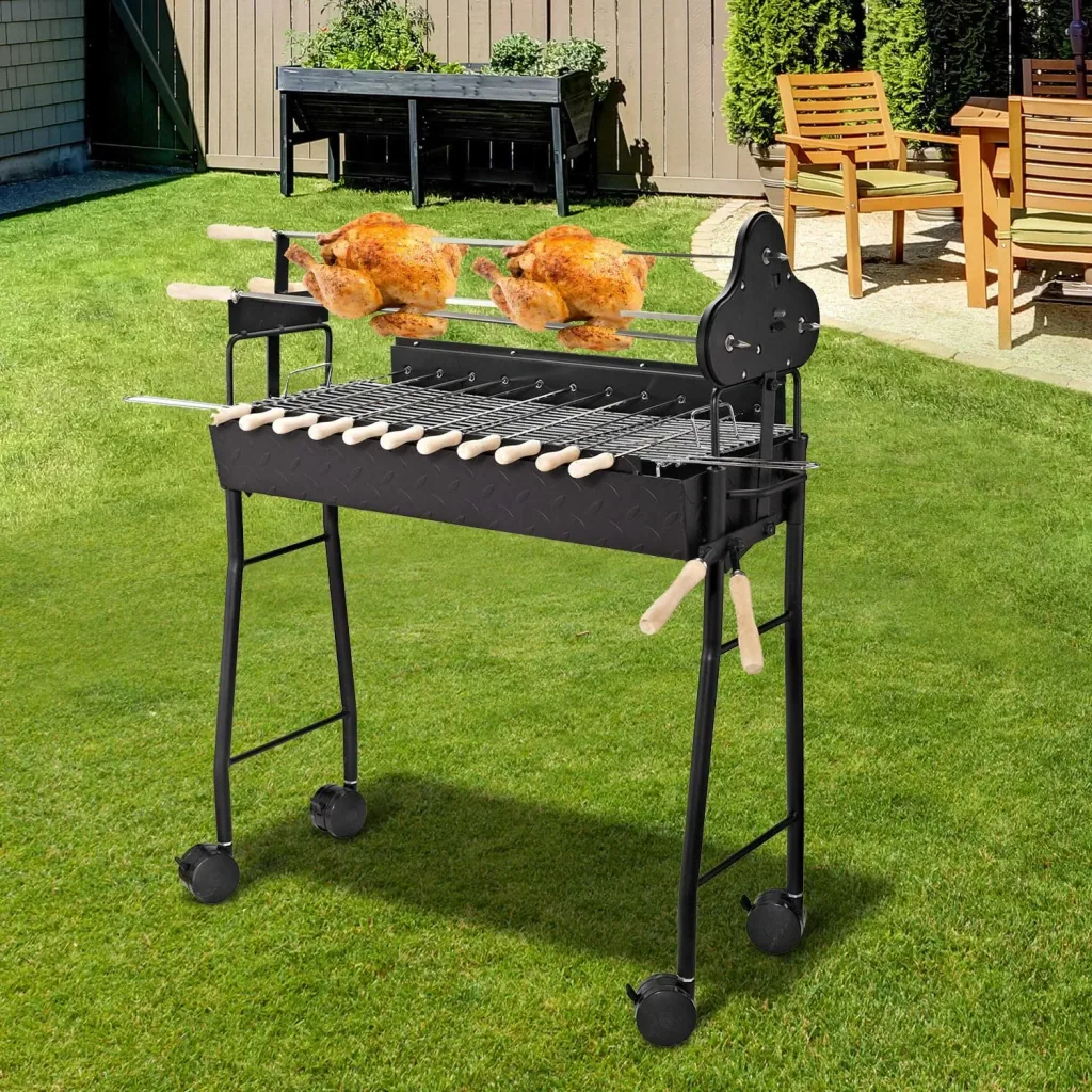 Holzkohle Grillwagen Standgrill BBQ Grill Zypern mit Drehspieß höhenverstellbar Grillrost Edelstahl Schwarz 85 x 36 x 90