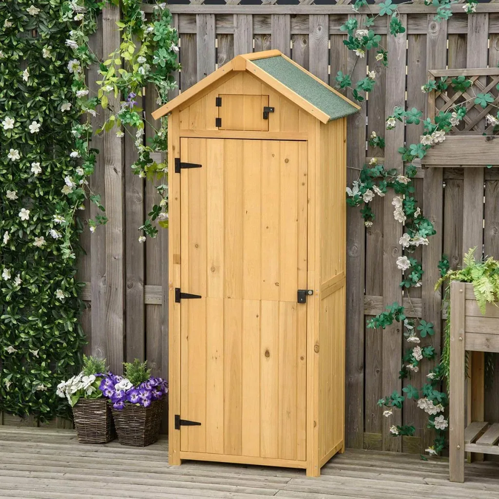 Gartenschrank Gartenhaus Gerätehaus Geräteschuppen mit Fachböden Asphaltdach Fenster Holz Gelb+Grün 77 x 54,2 x 179 cm