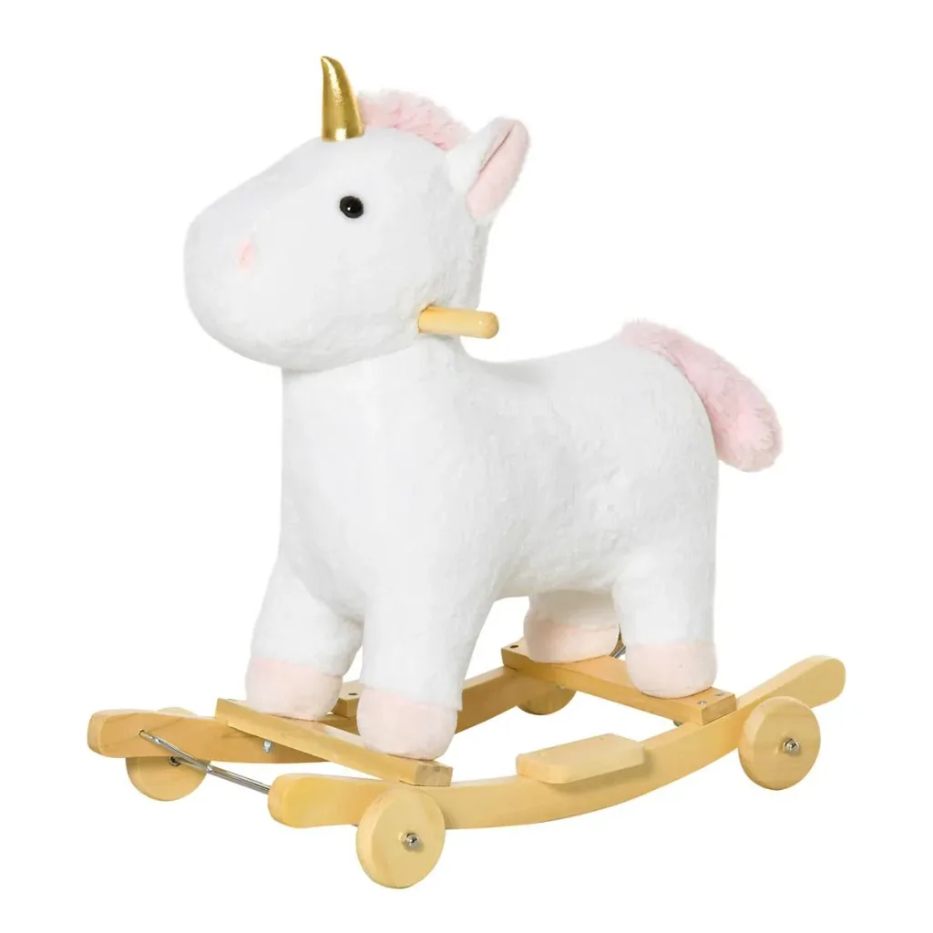 2-IN-1 Schaukelpferd mit Räder Einhorn-Design Plüsch Schaukeltier Babyschaukel Spielzeug für 36-72 Monaten Kinder Weiß 6