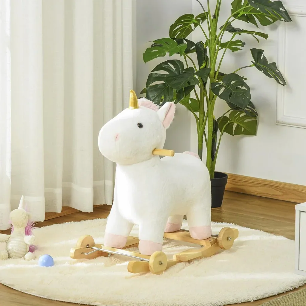 2-IN-1 Schaukelpferd mit Räder Einhorn-Design Plüsch Schaukeltier Babyschaukel Spielzeug für 36-72 Monaten Kinder Weiß 6